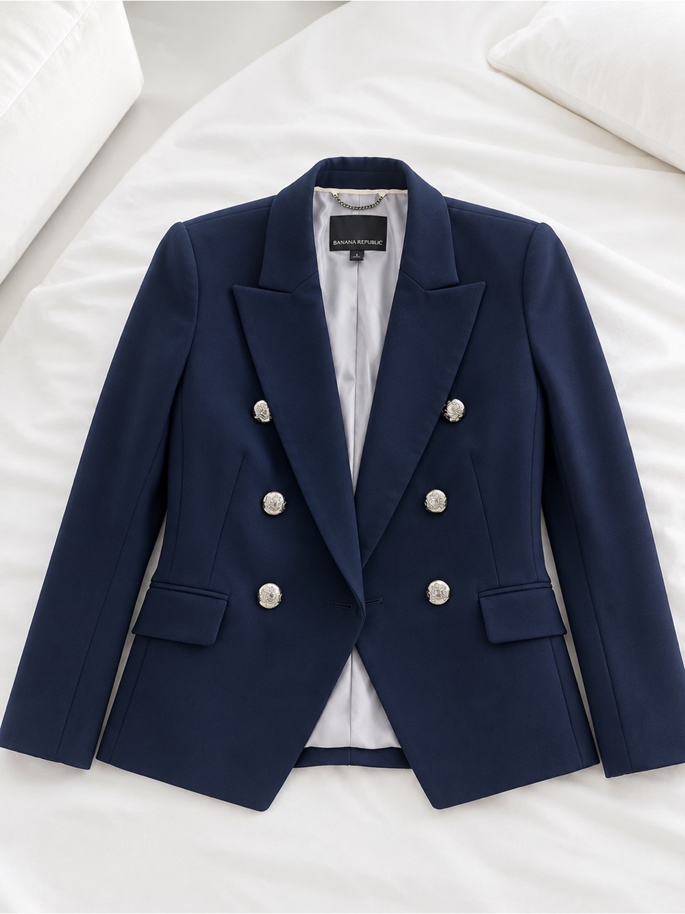 Banana Republic Dark Navy Double-Breasted Blazer with Silver Buttons